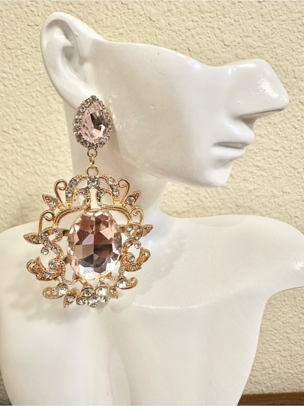 Fashion Jewelry Gold-Tone Pink Crystal Filigree Drop Earrings